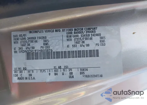 2001 Ford E-250 Recreational из США, поврежденный, VIN 1FDNS24L91HB05876